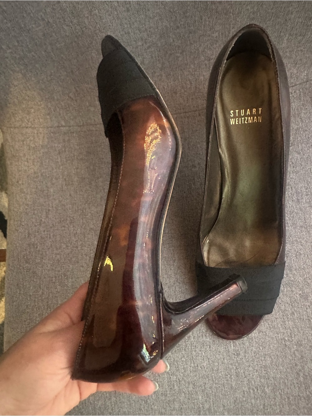 Stuart Weitzman Black Patent Leather Open-Toe Pumps